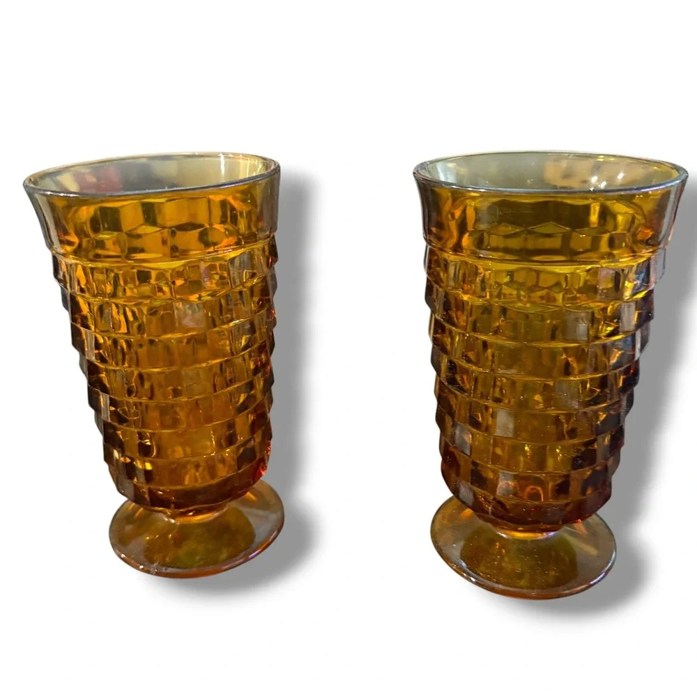 Vintage Amber Glass Footed Tumblers Set of 2‎ Diamond Point Waffle 6 in MCM